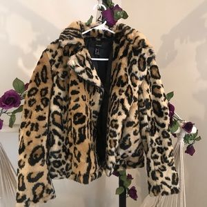 Fuzzy cheetah bomber jacket with zip up